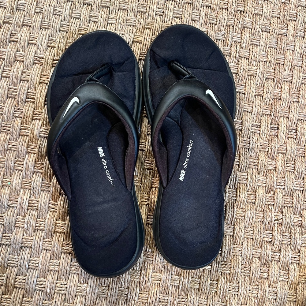 Nike Black Thong Sandals with White Swoosh
